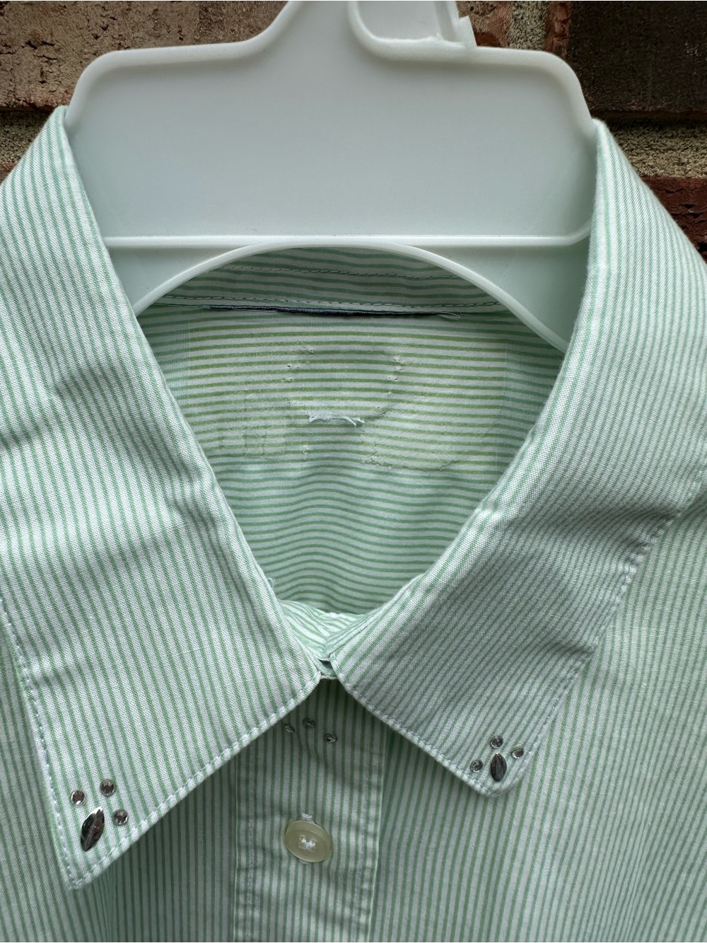 MiLi Designs? Woman's S Green Stripe Floral Appliqué Button Up Long Sleeve Shirt - Picture 2 of 9